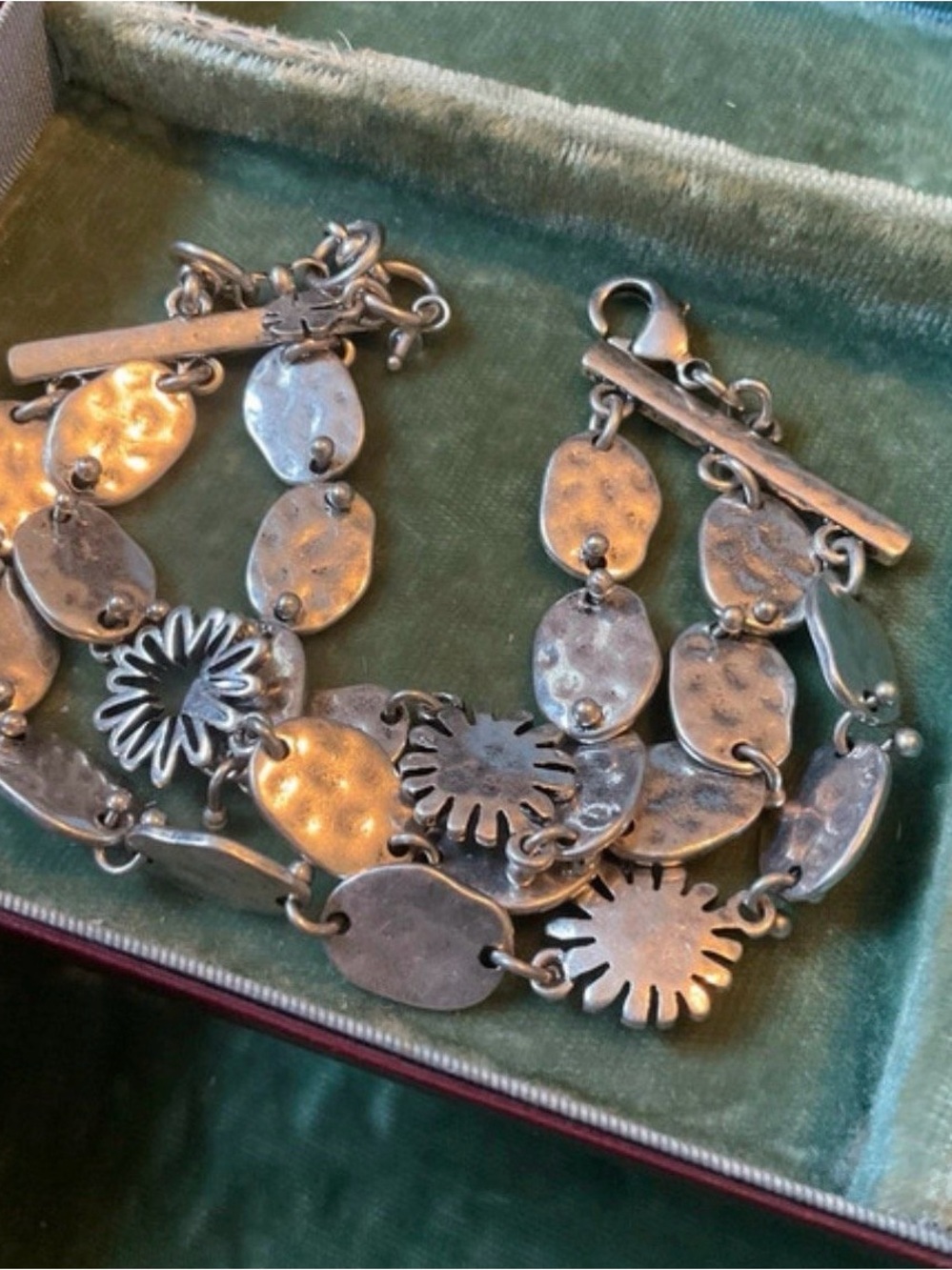 Gorgeous Sterling-Inspired Multi-Link Toggle Bracelet hammered coin and flowers-